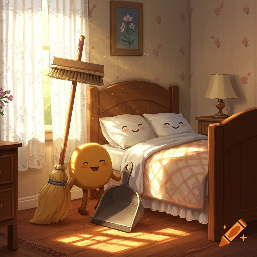 A whimsical cartoon of a smiling broom, dustpan, and two pillows in a sunny bedroom.