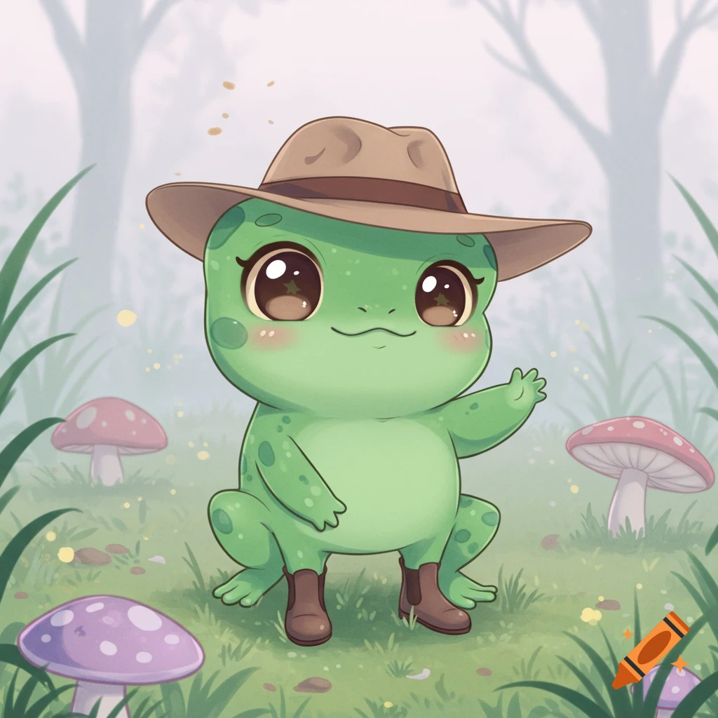 A cute kawaii frog in a brown hat and boots stands in a forest with colorful mushrooms.