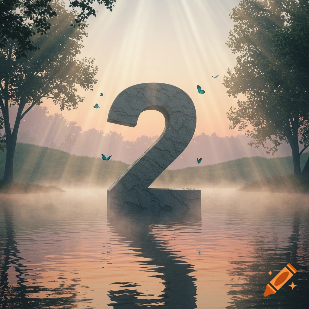 A large stone number '2' stands in misty water at sunrise, surrounded by trees and butterflies, with sun rays piercing through.