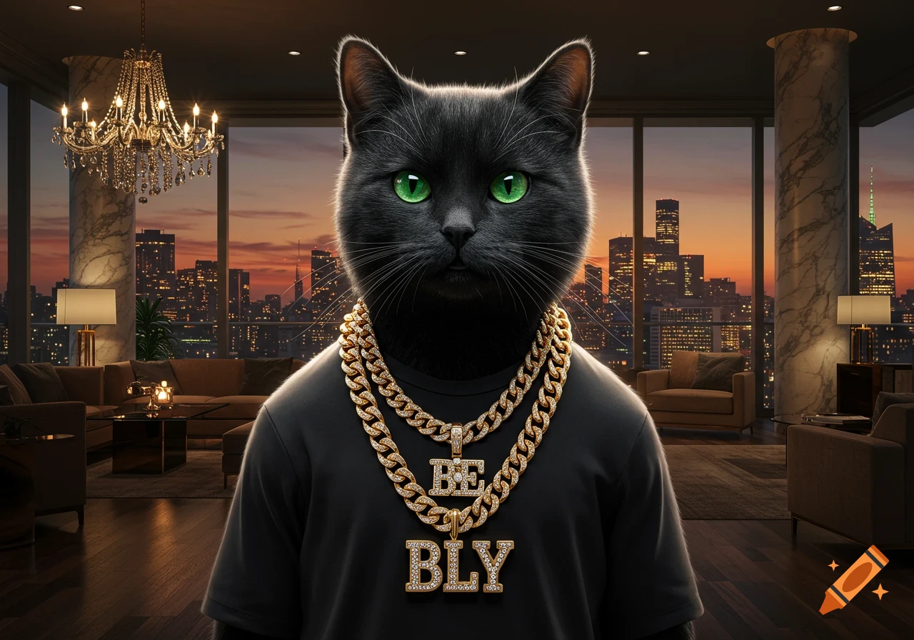 A photorealistic black cat with green eyes wearing gold chains and pendants in a luxury apartment overlooking a city at sunset.