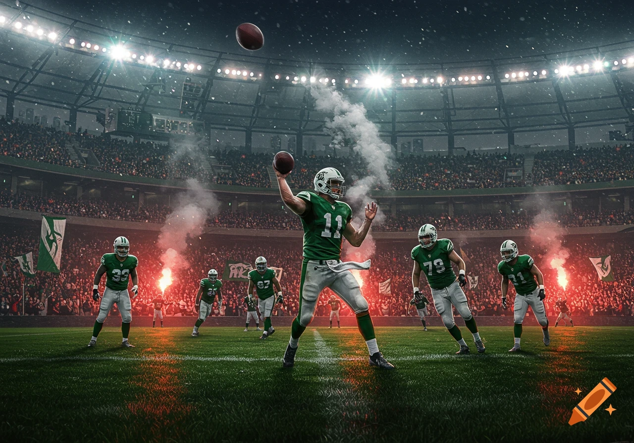 Photorealistic image of a football game at night, with players on the field, a quarterback throwing, and fans in the stands, with red flares and smoke in the background.