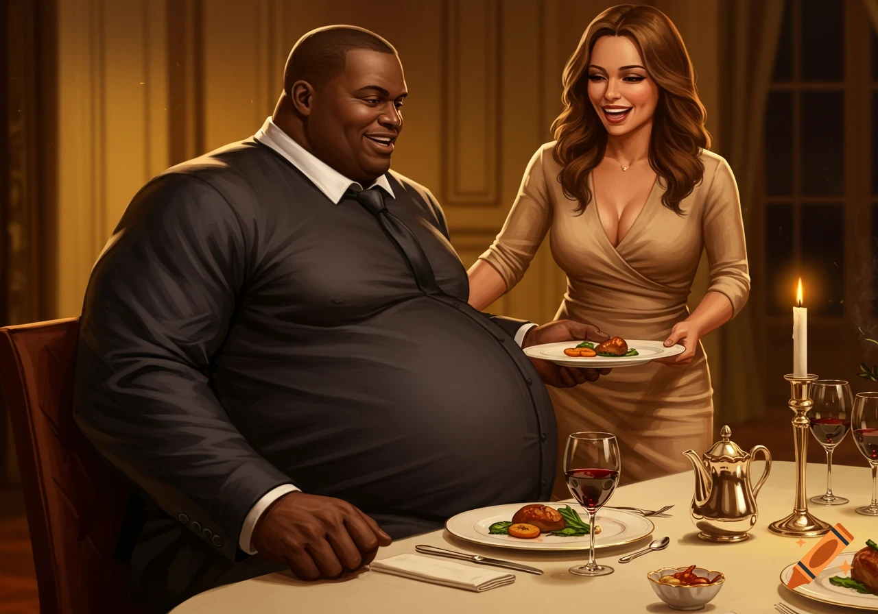 A large man in a suit smiles at his wife as she serves him more food at a candlelit dinner. His belly protrudes over the table.