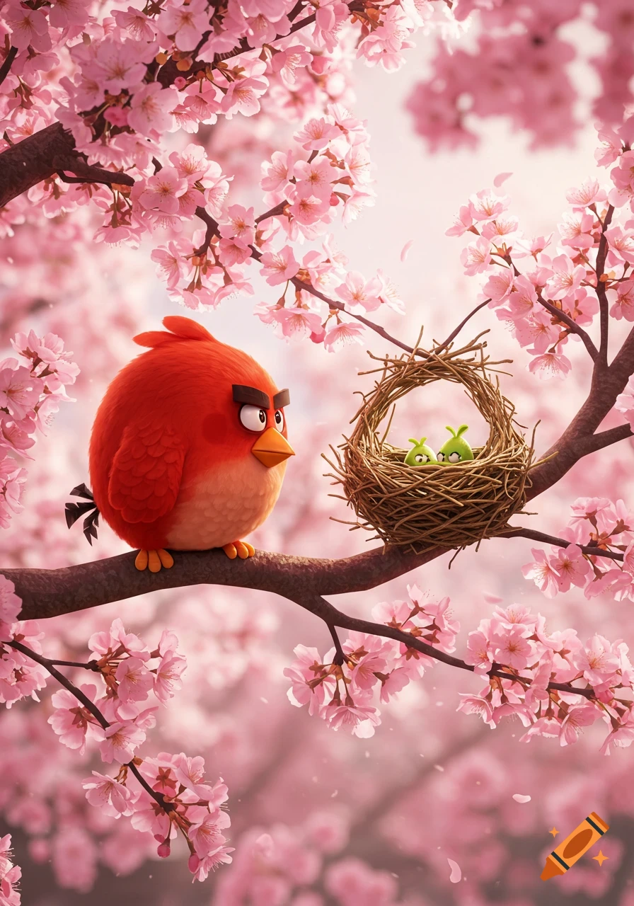 A red cartoon bird sits on a cherry blossom branch, looking at a nest containing two green hatchlings amidst pink blossoms.