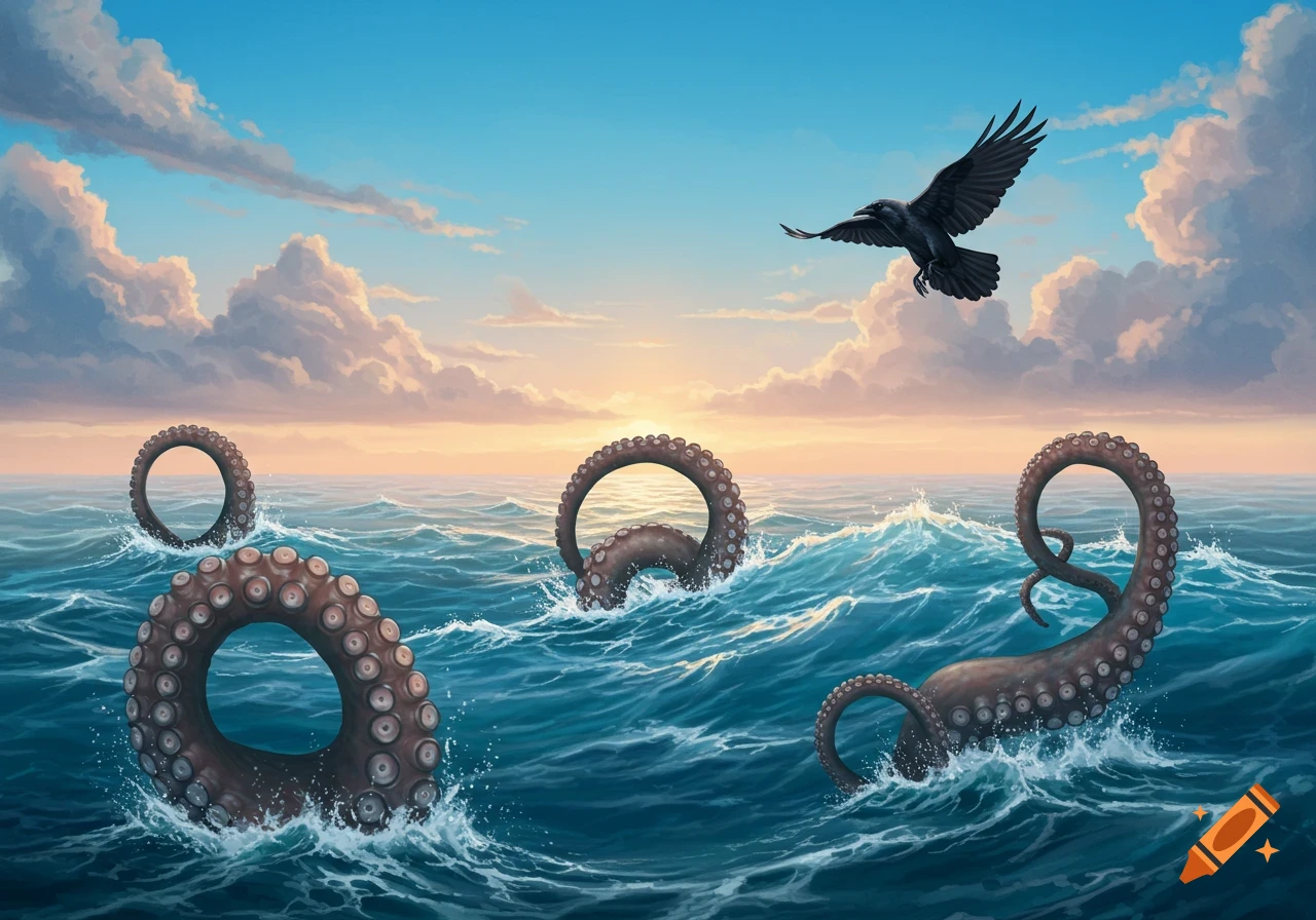 Large octopus tentacles emerge from choppy blue ocean waters under a vibrant sunset sky as a black raven flies overhead. Illustrated style.