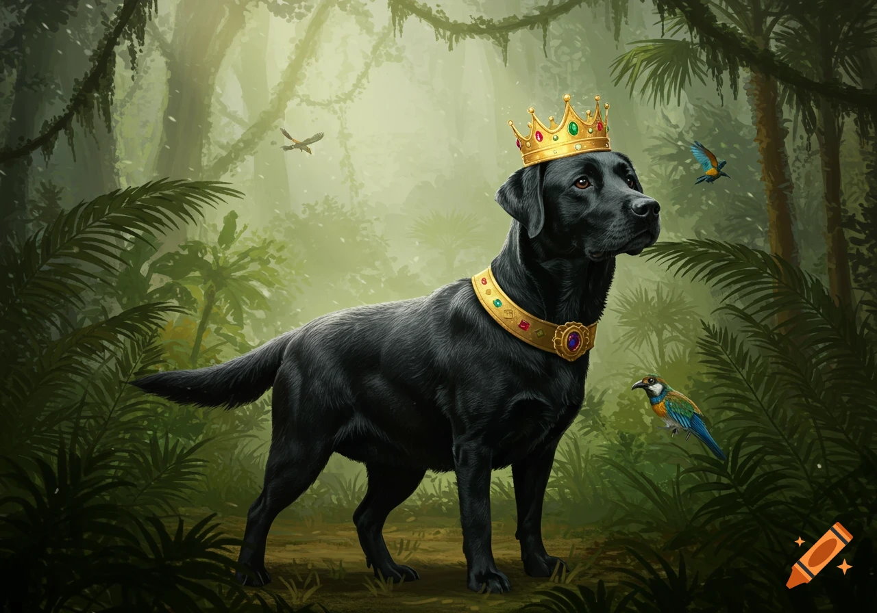 A black labrador wearing a gold crown and jeweled collar stands in a misty jungle with birds.