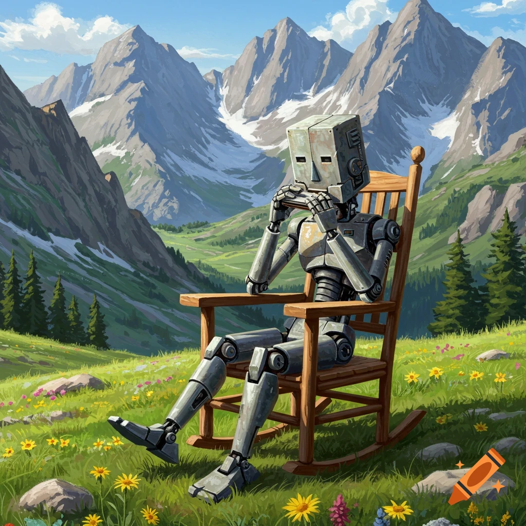 A square-headed robot plays a harmonica in a rocking chair in a lush, green mountain landscape with wildflowers.