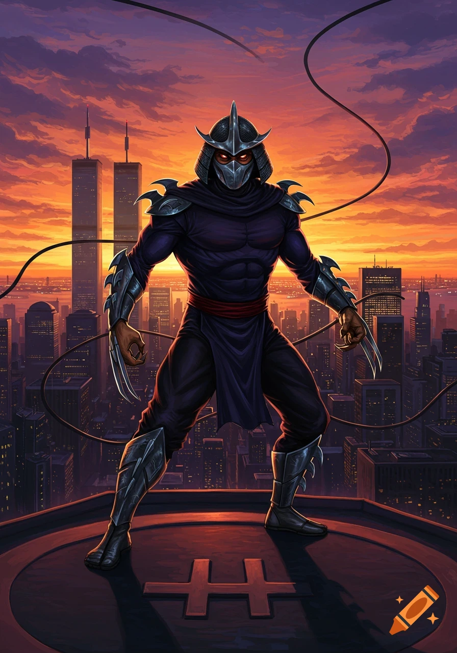 Shredder, the supervillain, stands on a rooftop overlooking a city with the Twin Towers at sunset, in a comic book illustration style.