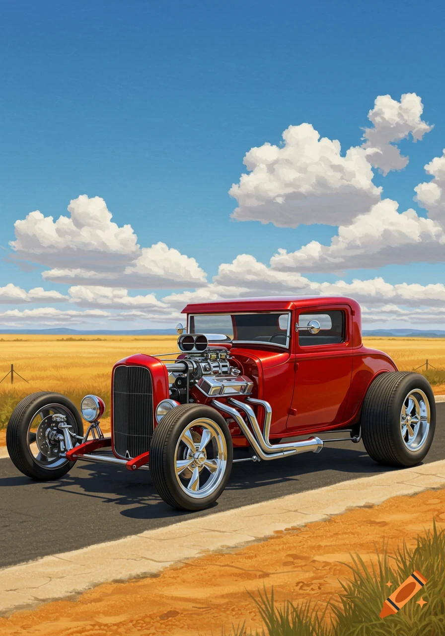A vibrant red hot rod with a large chrome engine on a rural road, set against a golden field and a bright blue sky with white clouds. Digital painting.