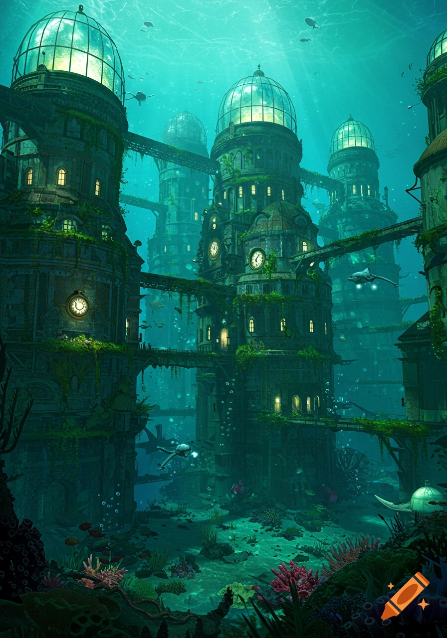 An intricate steampunk city submerged underwater with bioluminescent domes, connecting bridges, and vibrant coral reefs, with divers and fish.