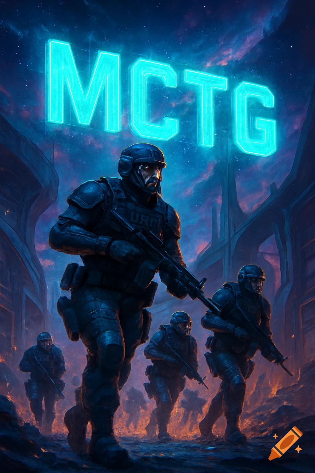 Futuristic soldiers in tactical gear with rifles advance through a smoky, desolate cityscape under glowing neon letters "MCTG" in a starry, cybernetic sky.