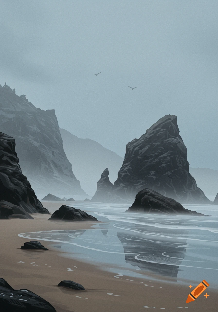 A stylized illustration of a foggy coastal beach with large dark rock formations, calm water, and a hazy sky.