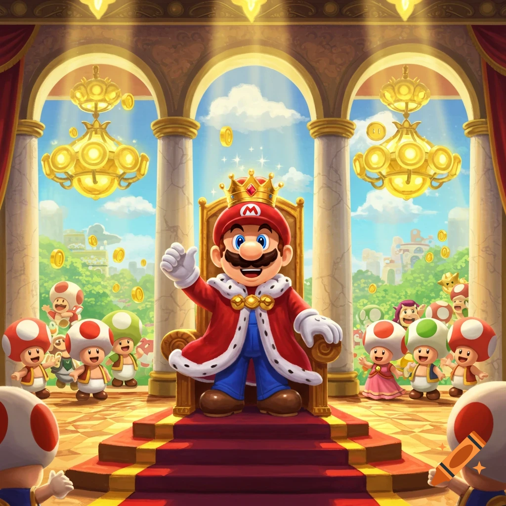 Mario, dressed as a king in a red robe and gold crown, sits on a grand throne, giving a thumbs-up. Toads gather around him in a majestic hall with arches and chandeliers.