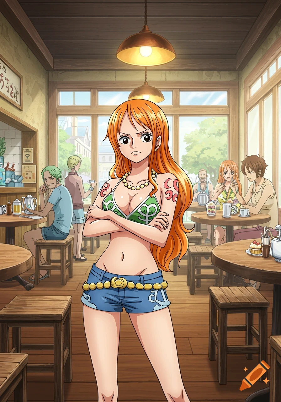Anime character Nami from One Piece pouting with crossed arms in a cafe, surrounded by other characters.