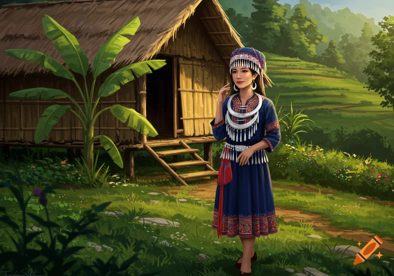A Hmong woman in traditional blue and silver attire stands outside a thatched hut in a lush green, terraced landscape.