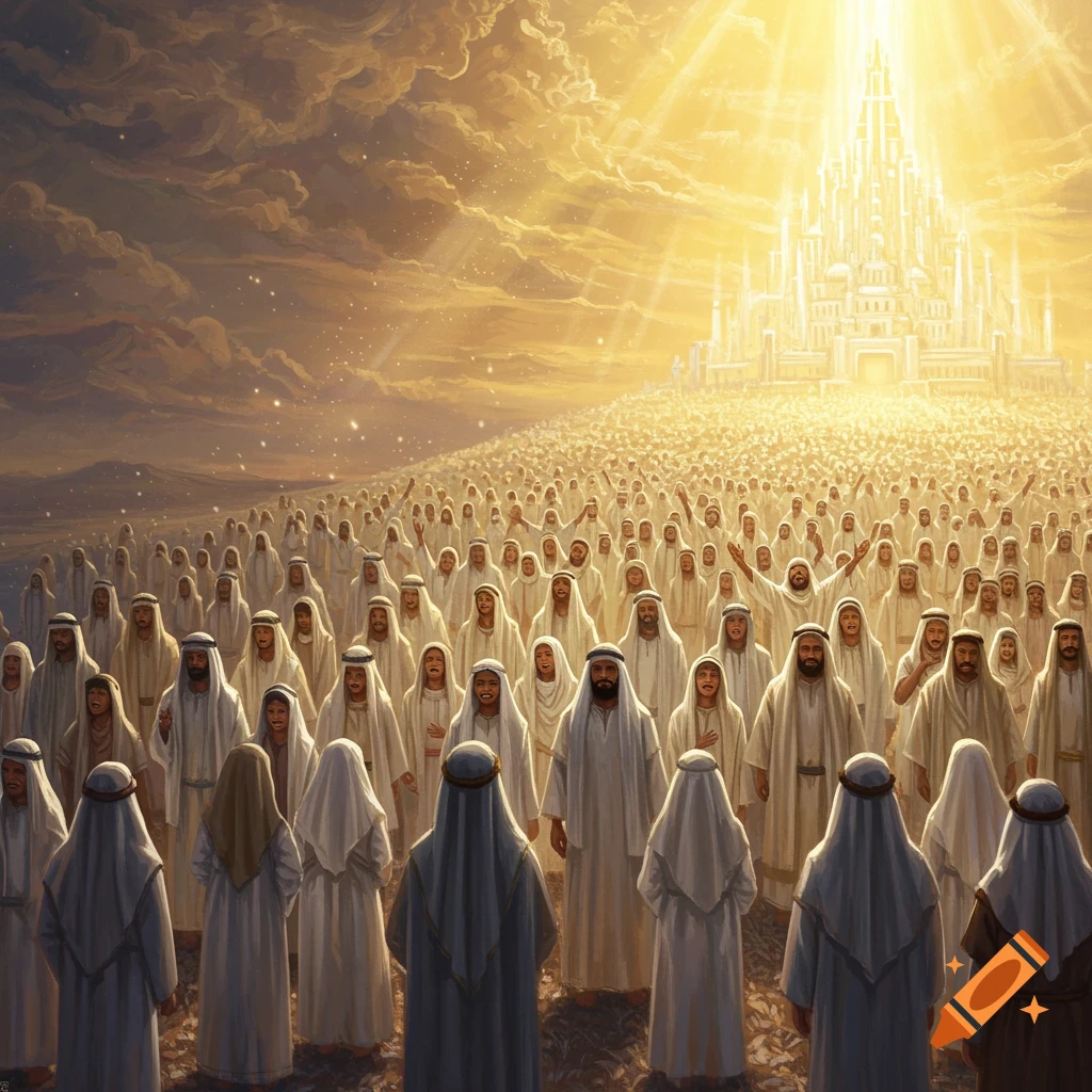 A vast crowd of people in white robes stands on a shining hill, looking up at a glowing celestial city under a radiant sky.