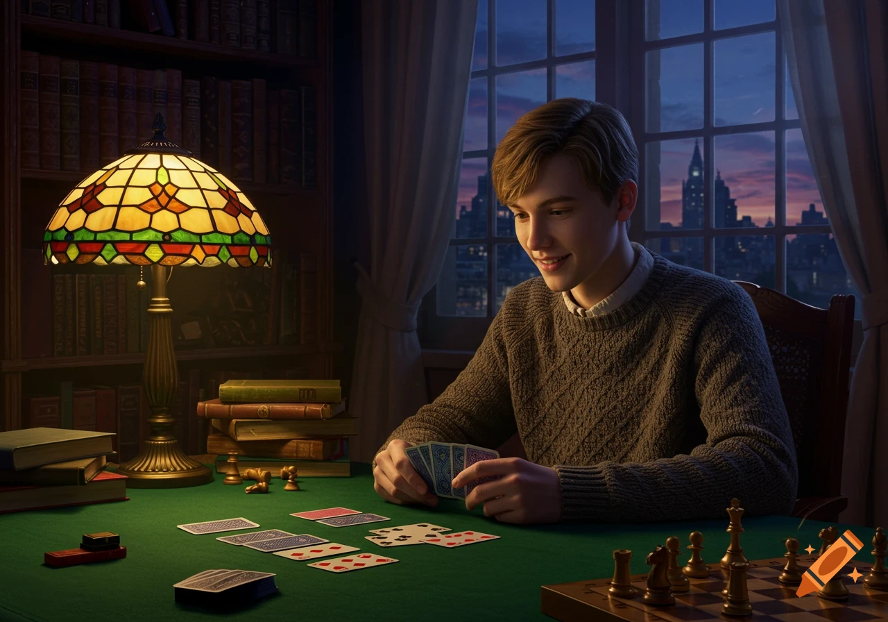 A smiling teen boy plays cards at a green table in a dimly lit study with a Tiffany lamp, books, and a cityscape visible through the window at dusk.