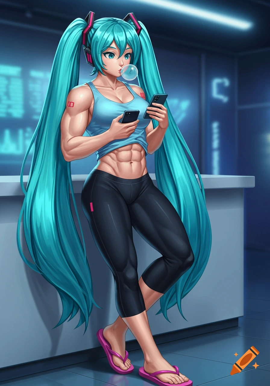 Muscular anime girl Hatsune Miku blowing bubble gum, wearing a light blue tank top, black leggings, and pink flip-flops, holding two phones.