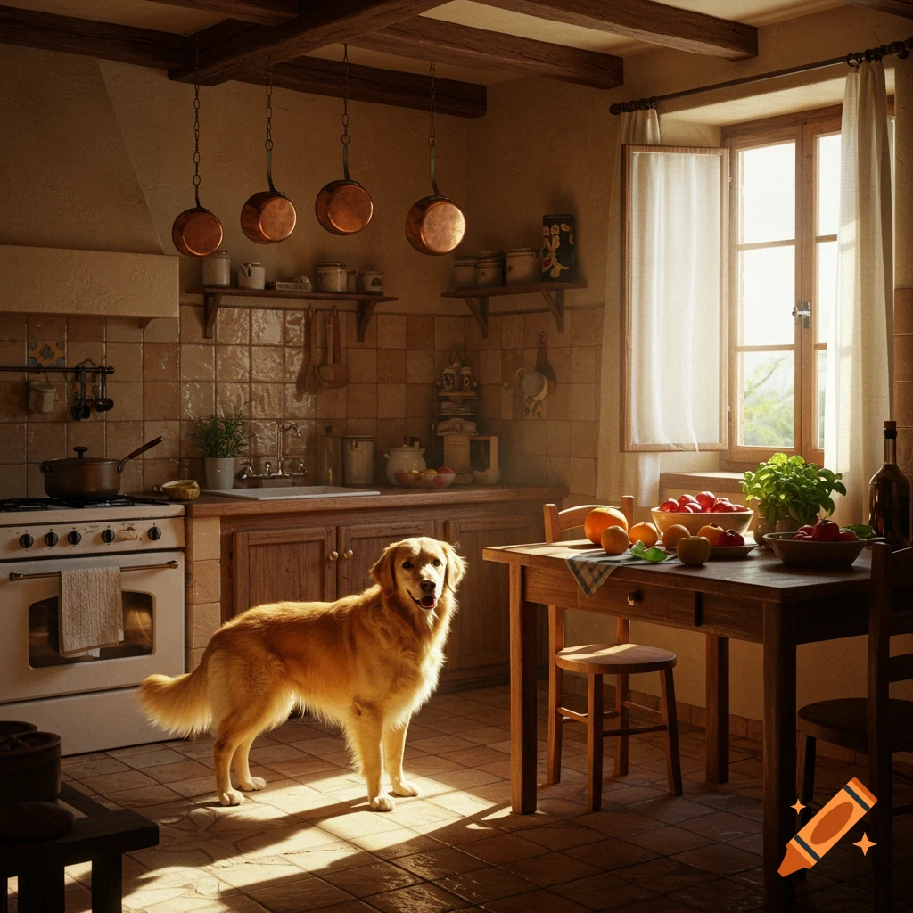 A golden retriever dog stands in a rustic, sunlit kitchen with a wooden table, stove, and sink.