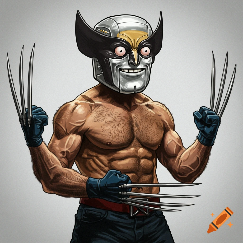 A cartoon muscular Wolverine character with a metallic Clippy head and large eyes, holding out his claws, on a plain background.