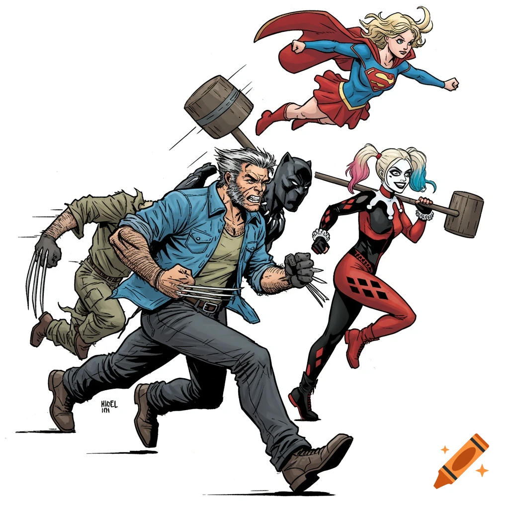 Comic book art of Old Wolverine with claws out, Black Panther, and Harley Quinn running in a line on a white background, with Supergirl flying above.