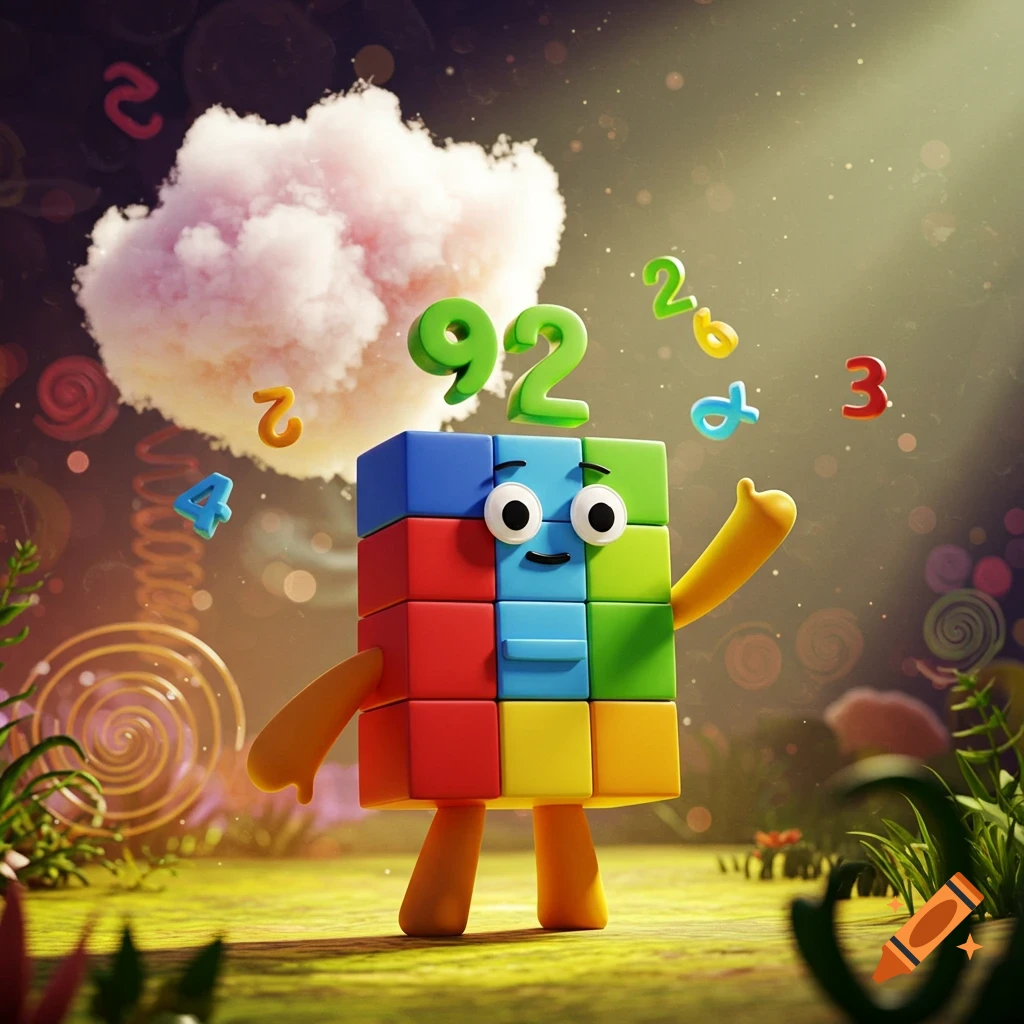 A colorful, blocky cartoon character with a happy face stands in a whimsical field with floating numbers and a pink cloud.