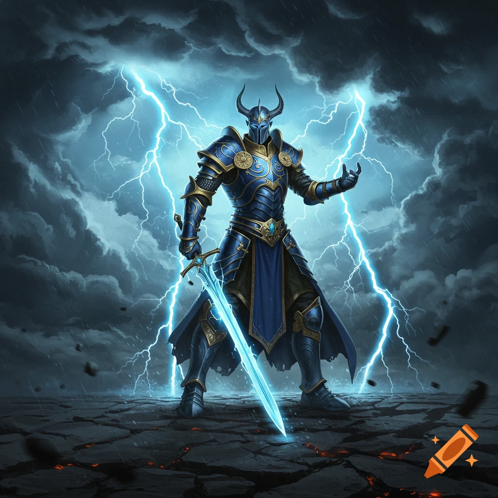 A powerful armored warrior with a horned helmet stands on cracked ground amid a lightning storm, holding a glowing blue sword.