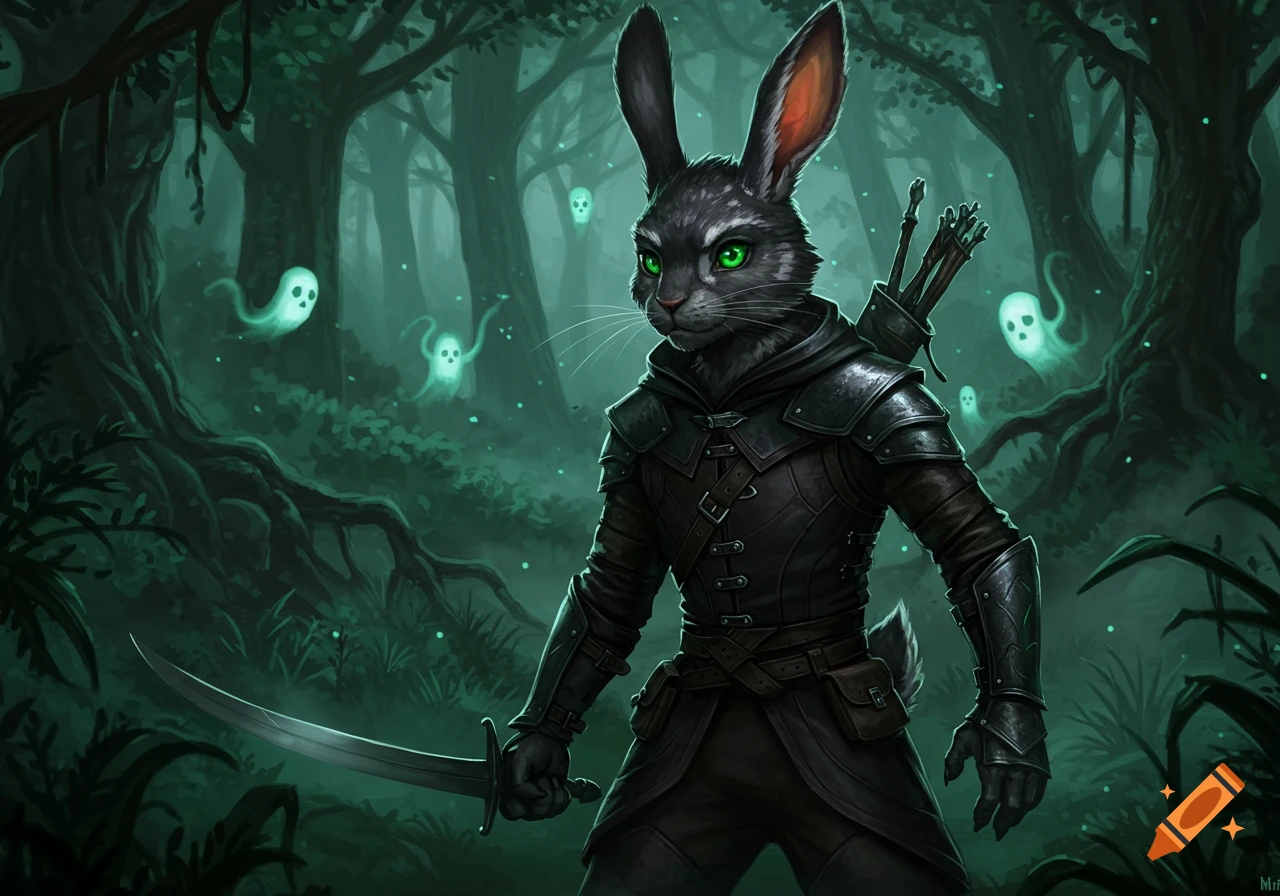 A black and silver rabbit humanoid rogue with emerald green eyes in dark leather armor holds a sword in a misty, dark fantasy forest with glowing green ghosts.