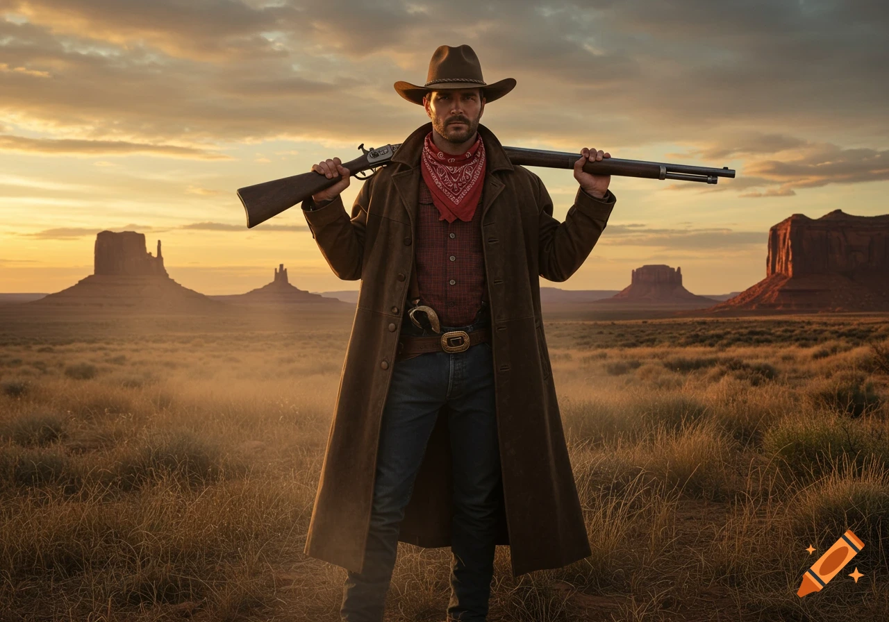 A photorealistic image of a cowboy holding a rifle over his shoulders in a vast desert landscape at sunset.