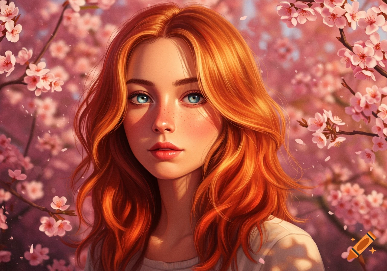 A close-up digital art portrait of a woman with long wavy red hair and blue eyes, surrounded by pink cherry blossoms.
