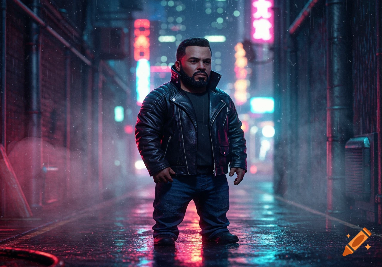 A short bearded man in a black leather jacket stands in a rainy neon-lit cyberpunk alley.