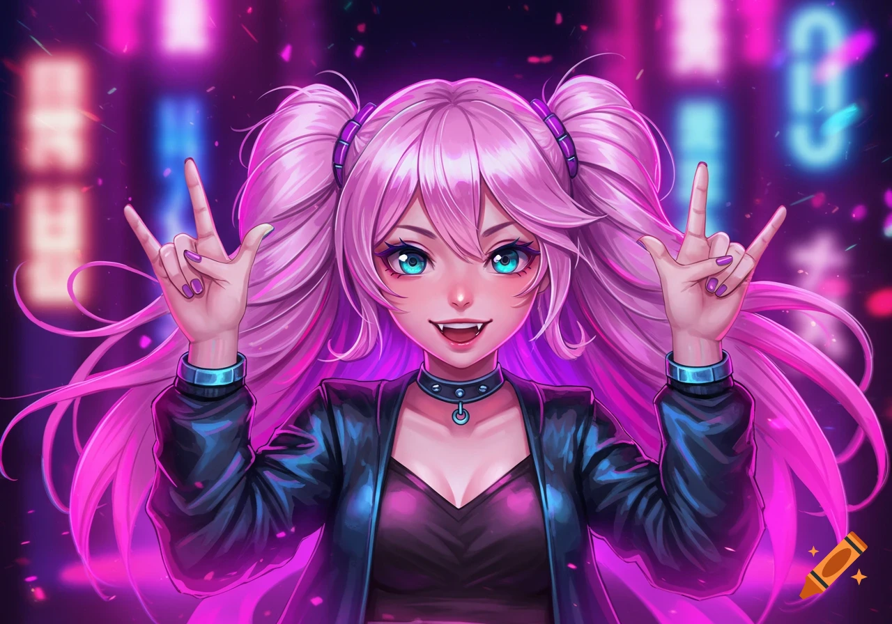 An anime girl with long pink pigtails, bright blue eyes, and fangs smiles while making the rock and roll hand sign with both hands against a vibrant neon city background.