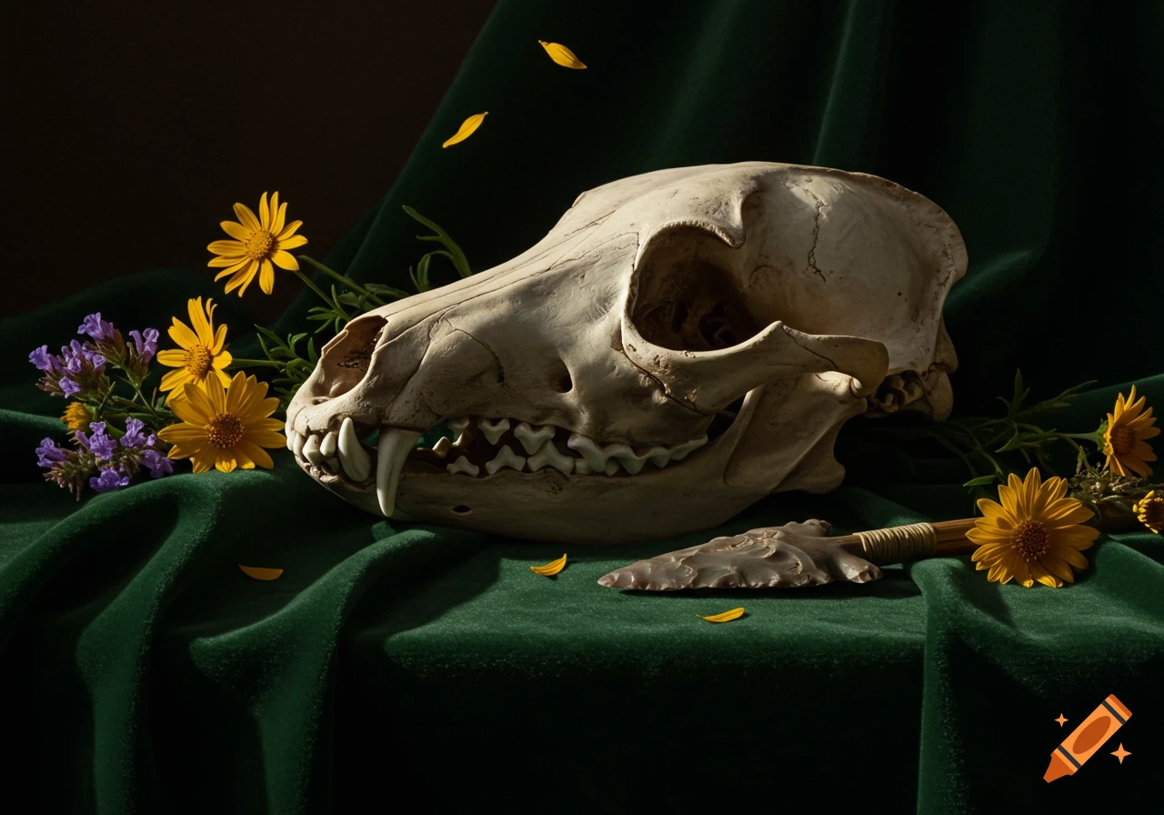 A still life photo of a coyote skull resting on deep green velvet, surrounded by yellow and purple wildflowers and a stone arrowhead.