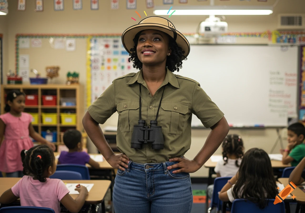 A smiling Black teacher in a safari-style outfit and outlined hat stands in a classroom with diverse children.