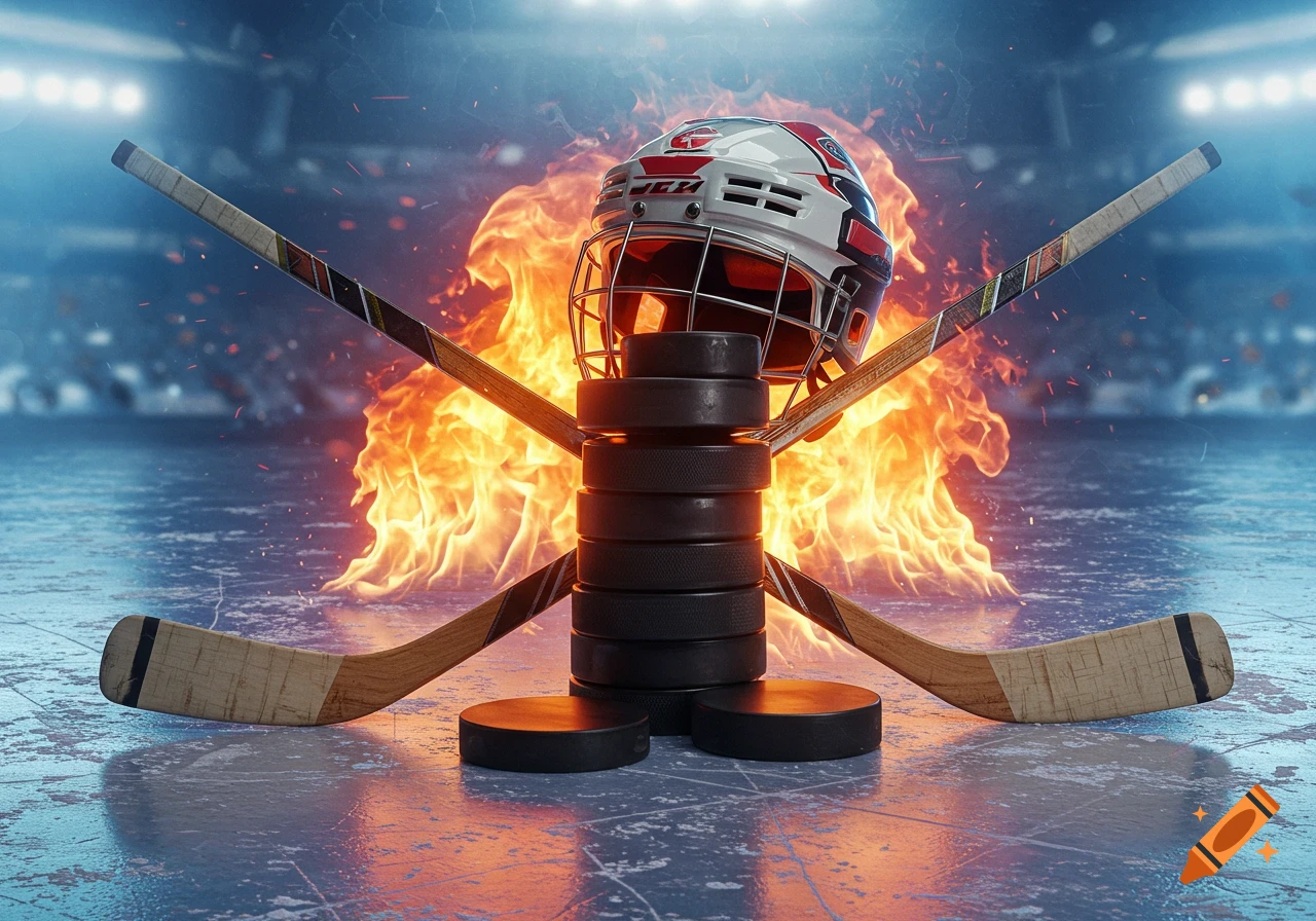 Hockey helmet stacked on pucks with sticks crossed behind, set on an ice rink with flames in the background, photorealistic.