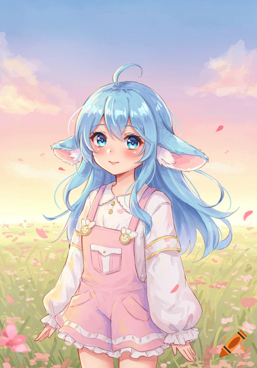 Cute anime girl with blue hair and animal ears in pink overalls stands in a flower field under a pastel sky.