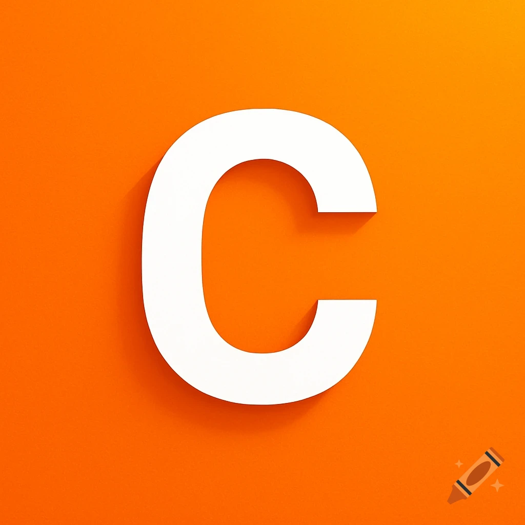 A bold white letter C with a subtle shadow on a vibrant orange background.
