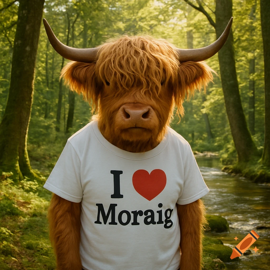 A photorealistic highland cow wears a white t-shirt saying 'I ❤️ Moraig' in a sunlit forest with a river.