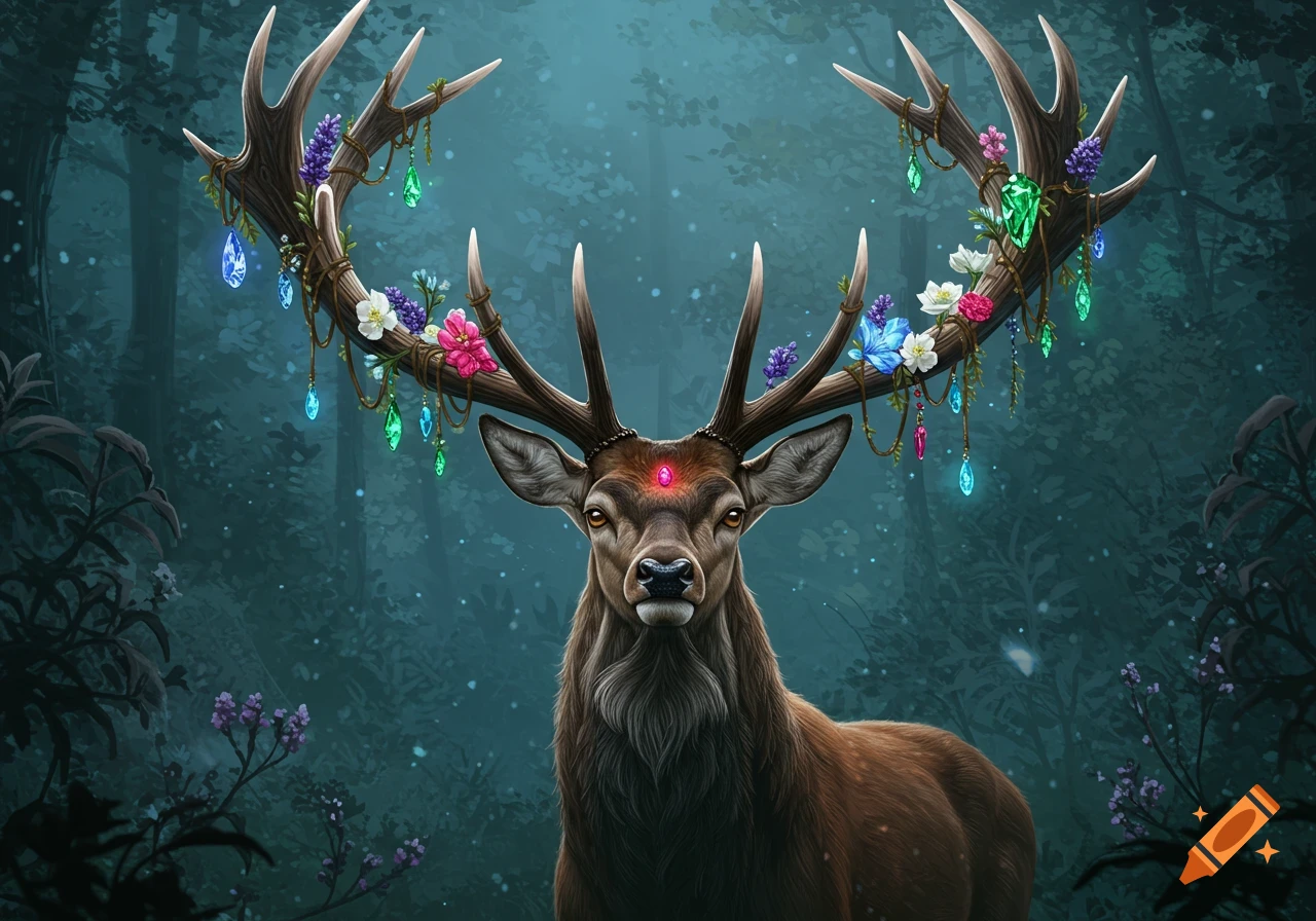 A magical deer with ornate antlers adorned with vibrant flowers and glowing gems, standing in a dark, mystical forest.