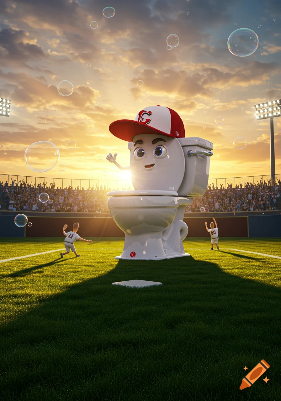 A cartoon toilet character wearing a baseball cap stands on a baseball field at sunset with two small players, surrounded by bubbles.