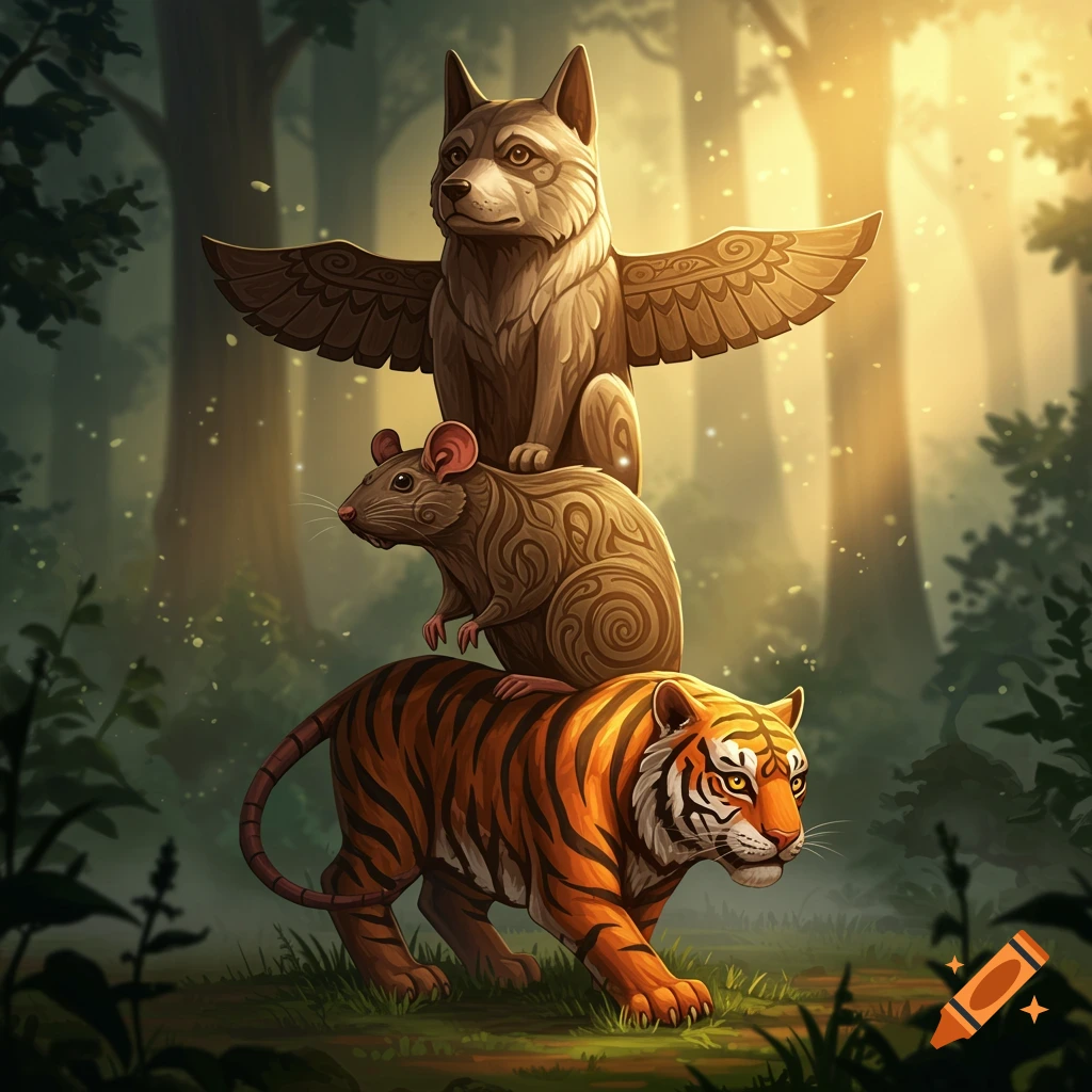 A mystical forest scene featuring a totem pole of a wolf, rat, and tiger, rendered in a digital art style.