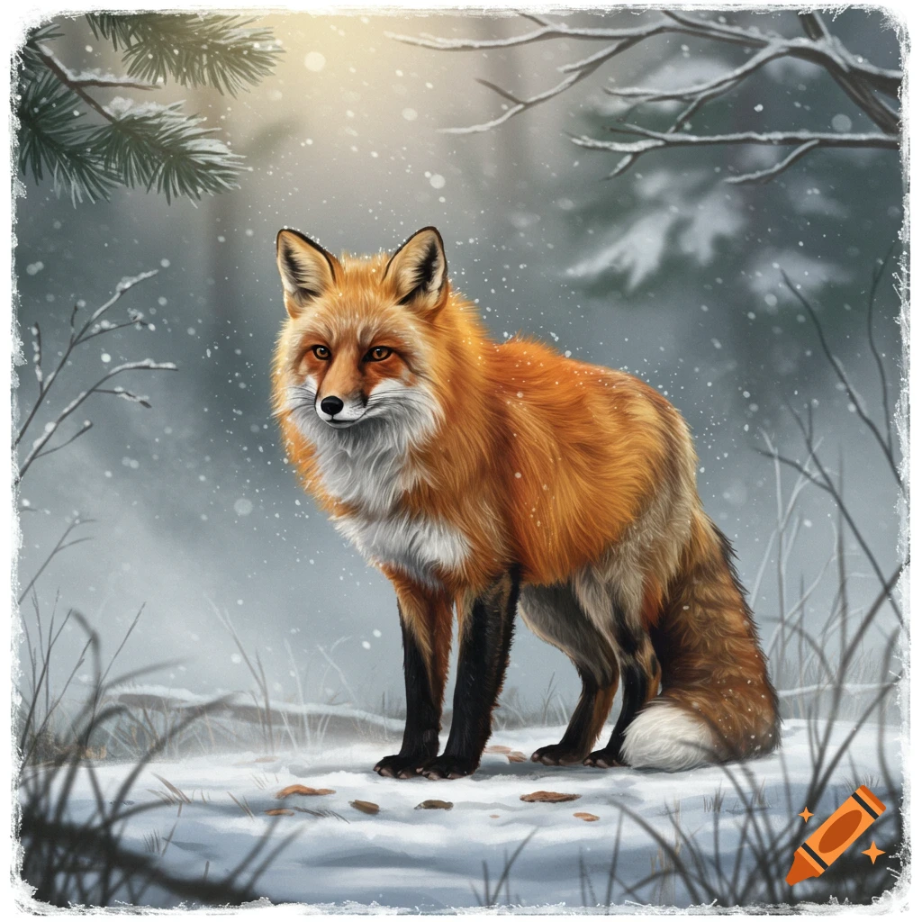 An illustrated red fox stands in a snowy winter forest with light falling snow.