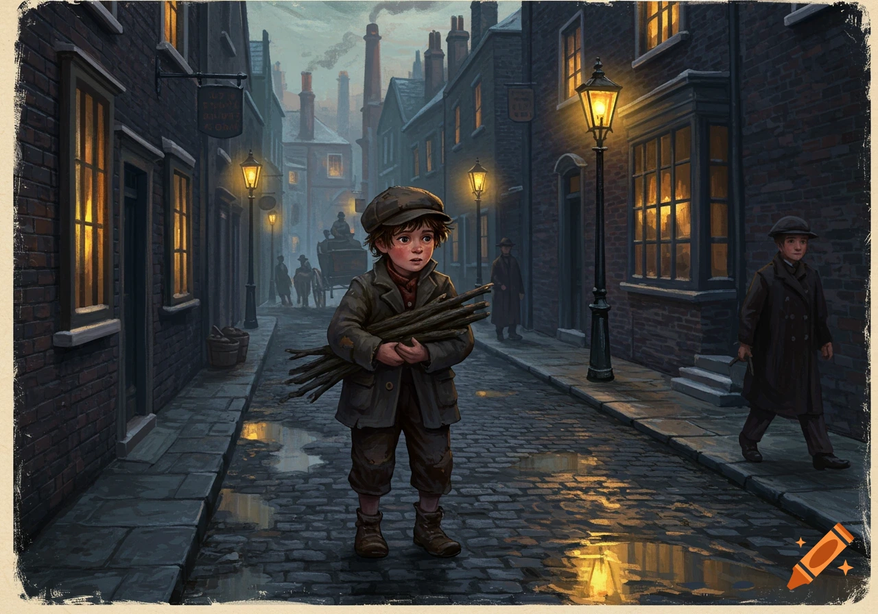A young boy carrying firewood on a muddy cobblestone street in a dark, lamp-lit Victorian city, in an illustrated style.