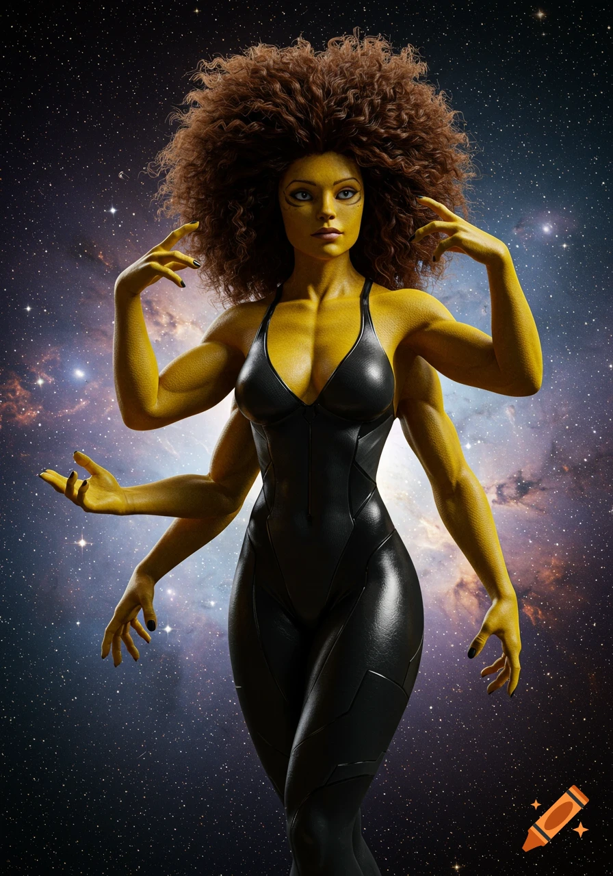 A muscular, four-armed alien woman with yellow skin and curly brown hair wears a black skintight suit, standing against a starry galaxy background.