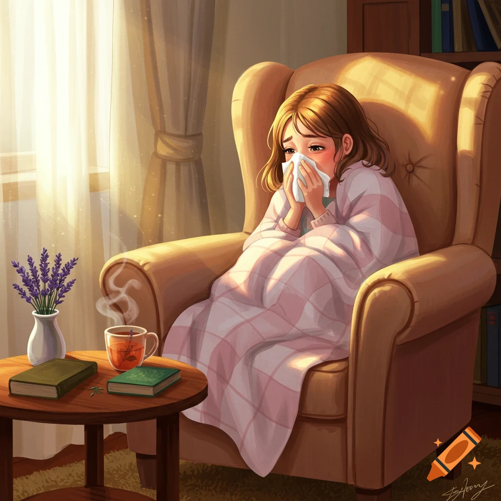 An illustration of a sick girl sitting in a cozy armchair, wrapped in a blanket, blowing her nose, next to a window with sunlight.