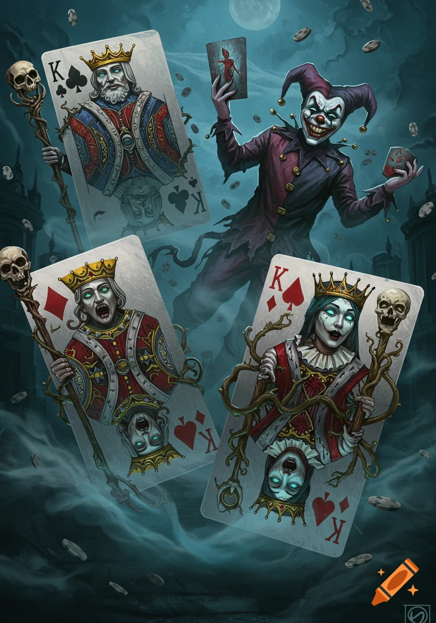 A creepy joker character hovers above three stylized playing cards: a King of Clubs, a zombie King of Diamonds, and a zombie Queen of Spades, all in a dark, misty, nightmare setting.
