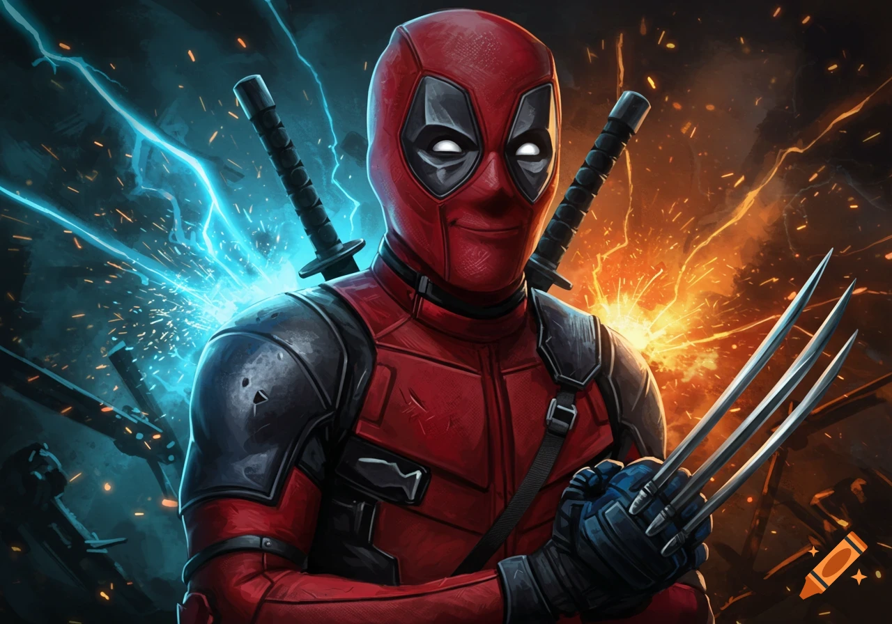 Deadpool in red and black suit with Wolverine's claws, against a dynamic blue and orange energy background, in comic art style.