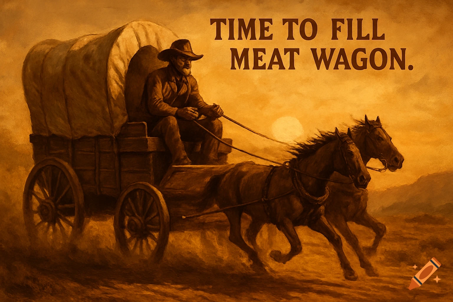 A sepia-toned painting of a cowboy driving a covered wagon pulled by two horses across a dusty landscape at sunset, with the text "TIME TO FILL MEAT WAGON." in the sky.