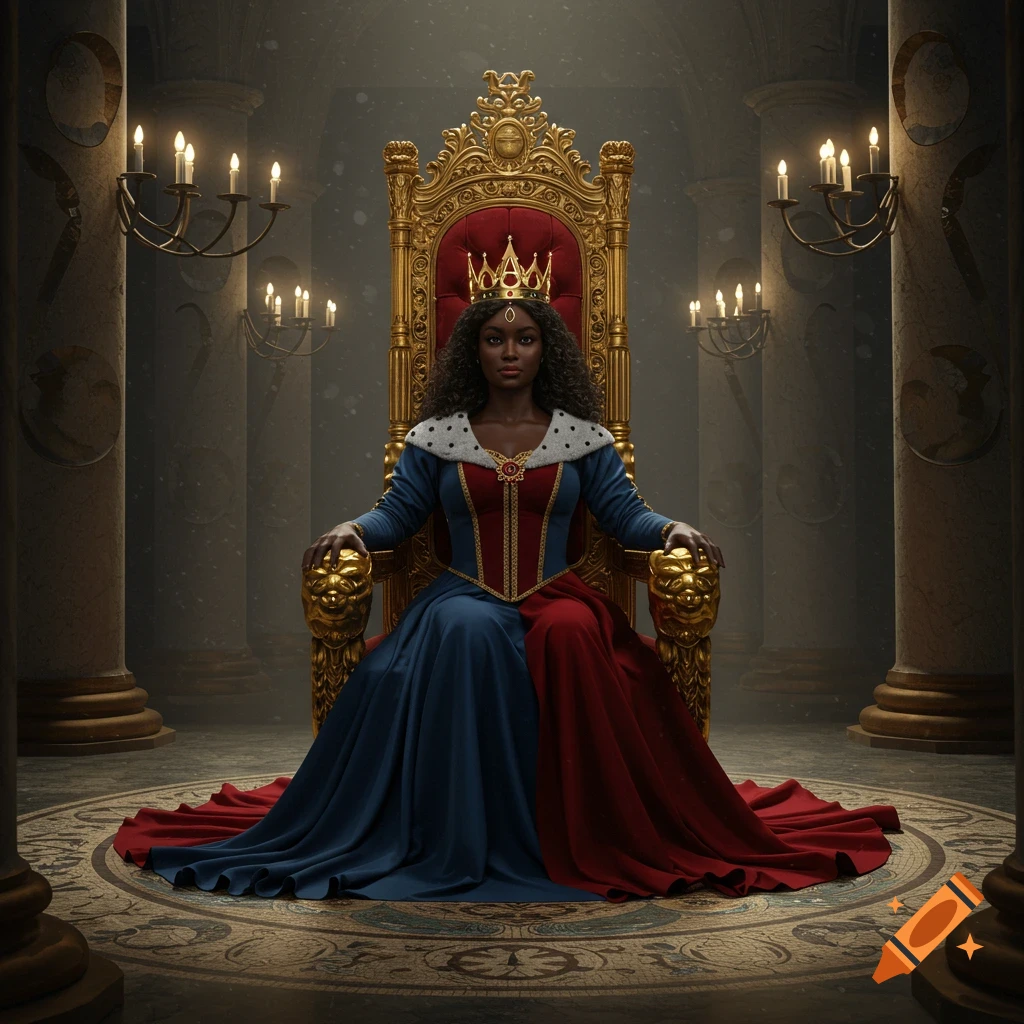 A Black queen in a blue and red gown sits on a golden throne in a grand, dimly lit hall with pillars and candelabras.