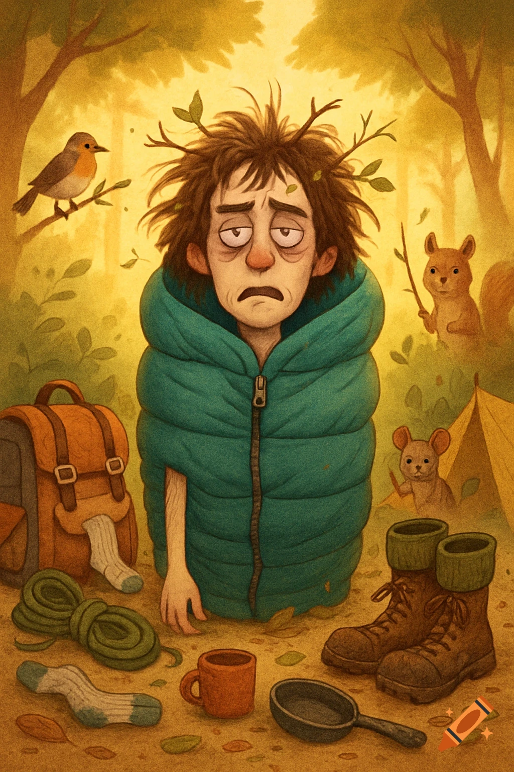 Cartoon illustration of a very tired person with messy hair and leaves in it, wearing a green puffy jacket, surrounded by camping gear and forest animals.
