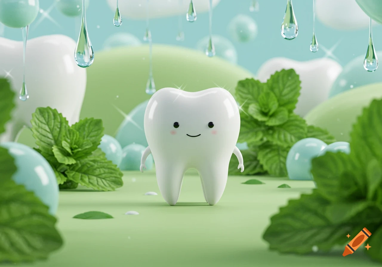 A cute 3D cartoon tooth character smiles amidst green mint leaves and shimmering water droplets on a pastel background.